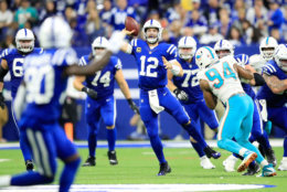 INDIANAPOLIS, IN - NOVEMBER 25:  Andrew Luck #12 of the Indianapolis Colts throws a pass in the game against the Miami Dolphins at Lucas Oil Stadium on November 25, 2018 in Indianapolis, Indiana.  (Photo by Andy Lyons/Getty Images)