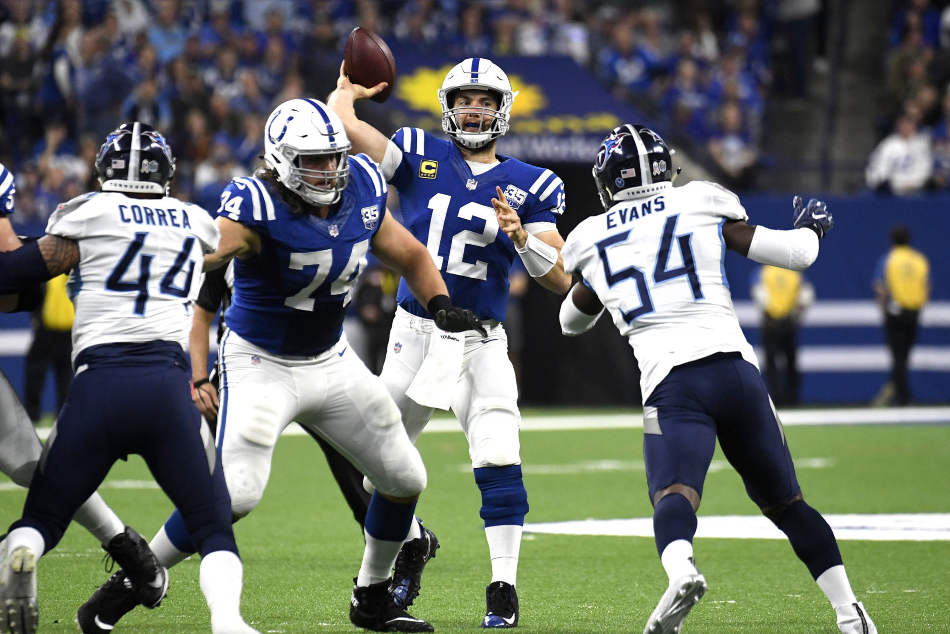 INDIANAPOLIS, INDIANA - NOVEMBER 18: Andrew Luck #12 of the Indianapolis Colts throws a pass down field in the game against the Tennessee Titans in the third quarter at Lucas Oil Stadium on November 18, 2018 in Indianapolis, Indiana. (Photo by Bobby Ellis/Getty Images)
