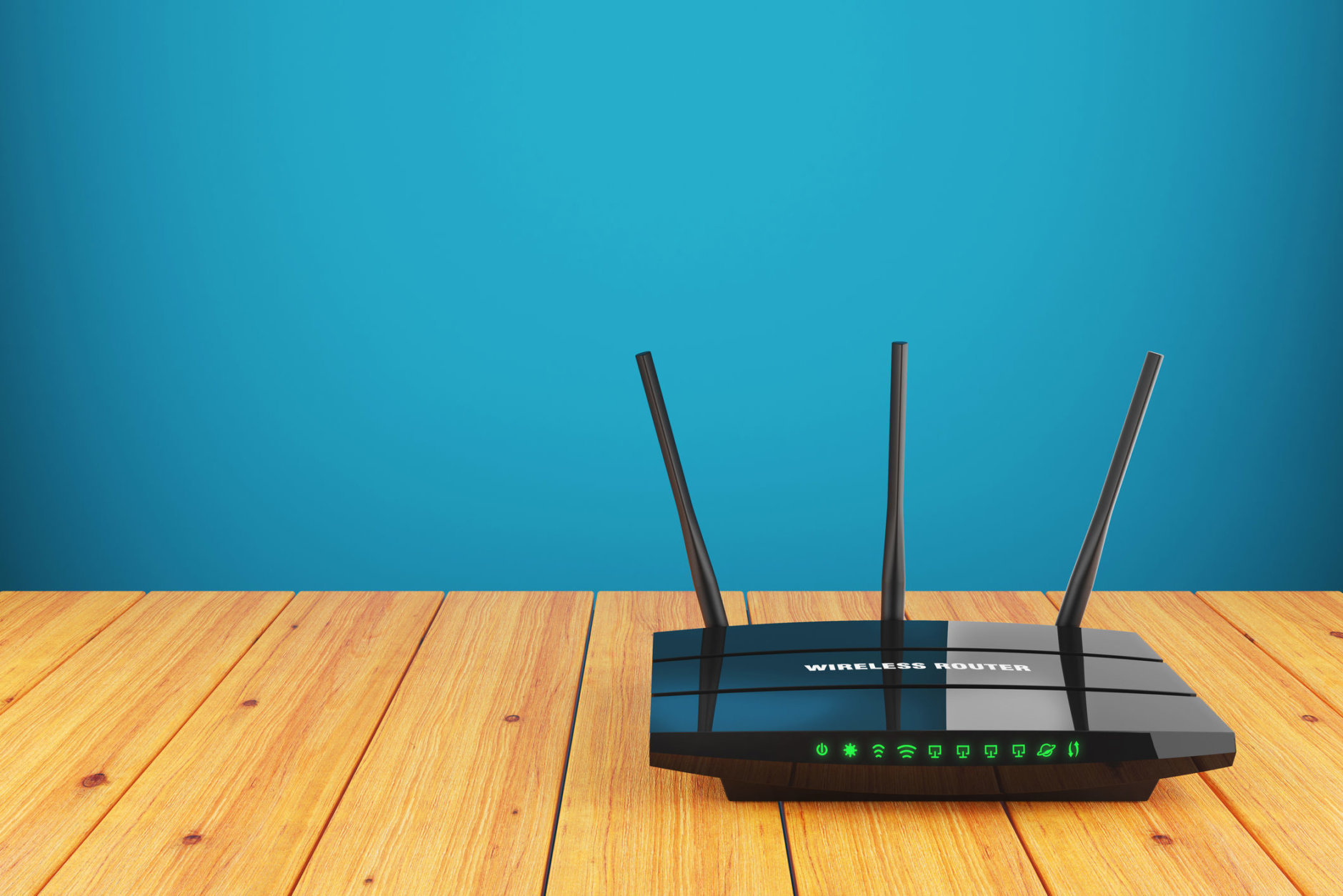 Wi-Fi wireless router on wooden table 3d