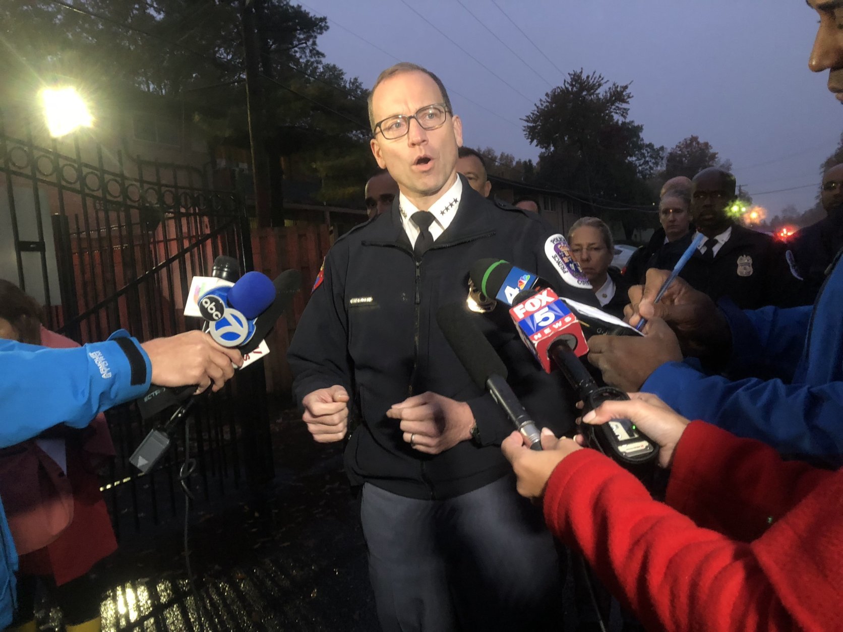 A preliminary investigation indicates about 10 shots were exchanged between the officers and the suspect, Chief Hank Stawinski said. (WTOP/Mike Murillo)