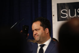 Ben Jealous and Susie Turnbull, his running mate, prepare to address supporters in Baltimore. (WTOP/ Kate Ryan)