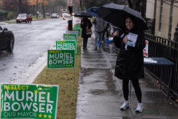 Signs for local candidates compete for space on the sidewalk as voters arrive at the Washington Hebrew Congregation in Northwest D.C. (WTOP/Alejandro Alvarez)