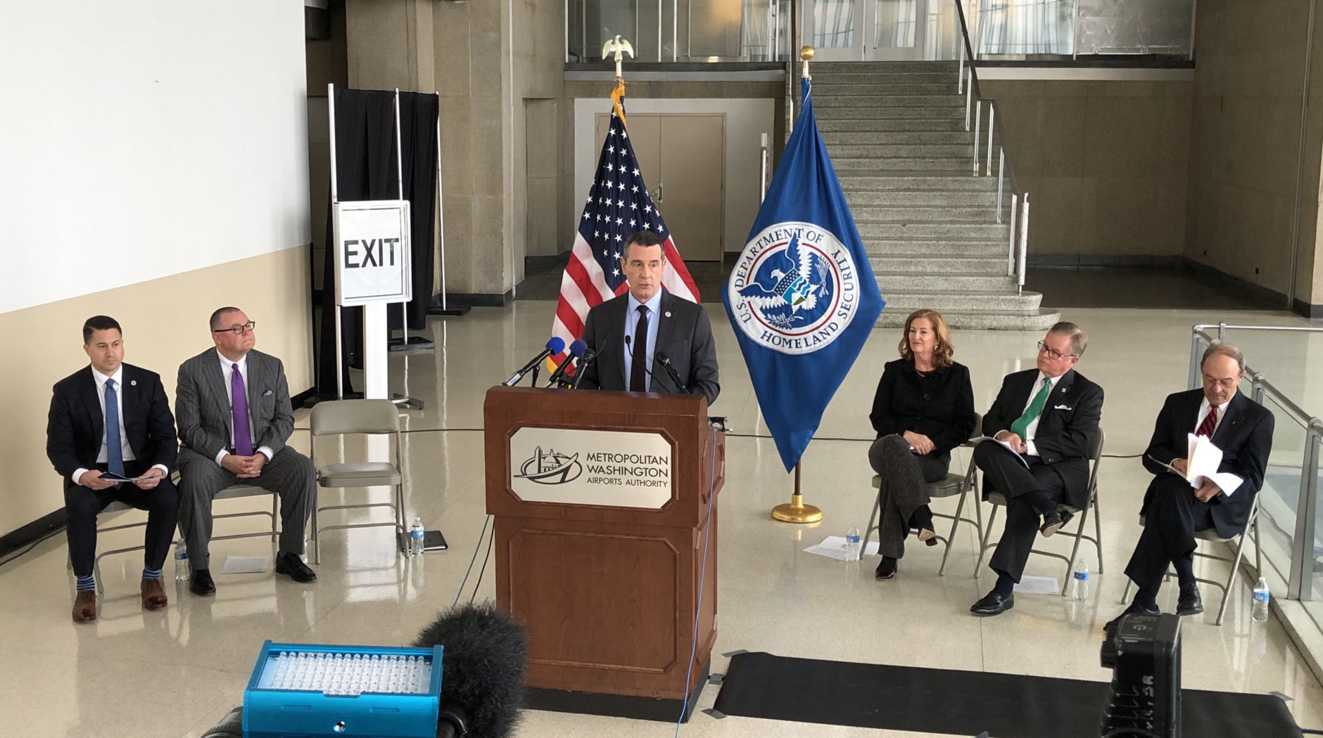 TSA Administrator David Pekoske speaks about the busy holiday travel season at Reagan National Airport Tuesday. (WTOP/Kristi King)