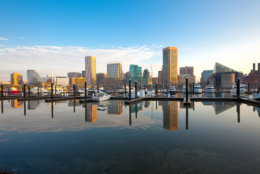Downtown city skyline, Inner Harbor and marina, Baltimore, Maryland, USA