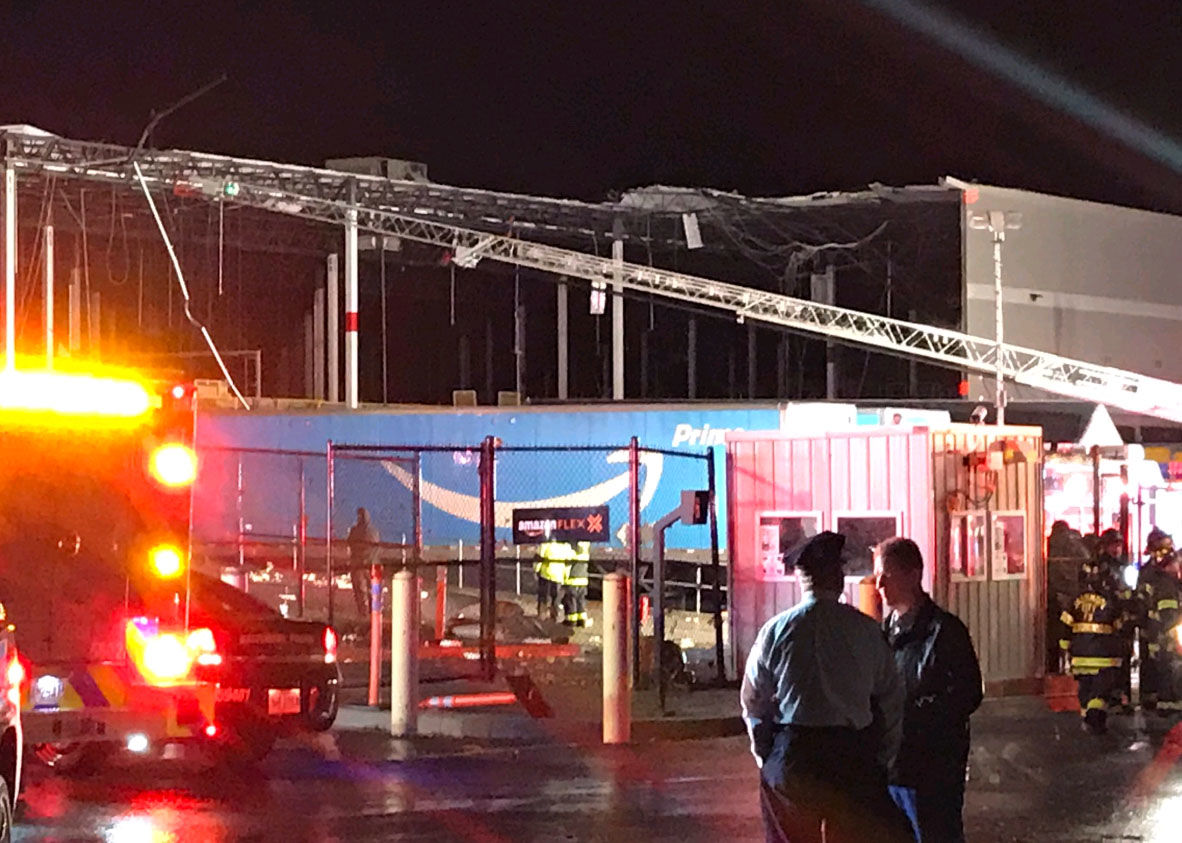 The wall of an Amazon Fulfillment center in Baltimore collapsed during severe weather on Friday, Nov. 2, 2018. (Courtesy Baltimore Fire)
