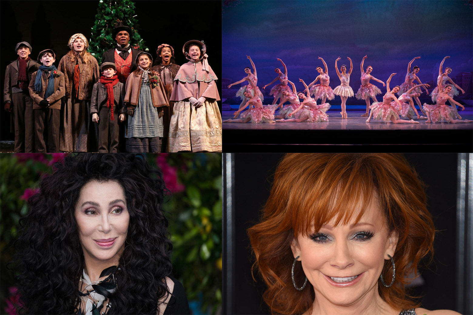 "A Christmas Carol," "The Nutcracker, Reba McEntire and Cher are all coming to D.C. this December. (WTOP collage via AP, Ford's Theatre, Washington Ballet)