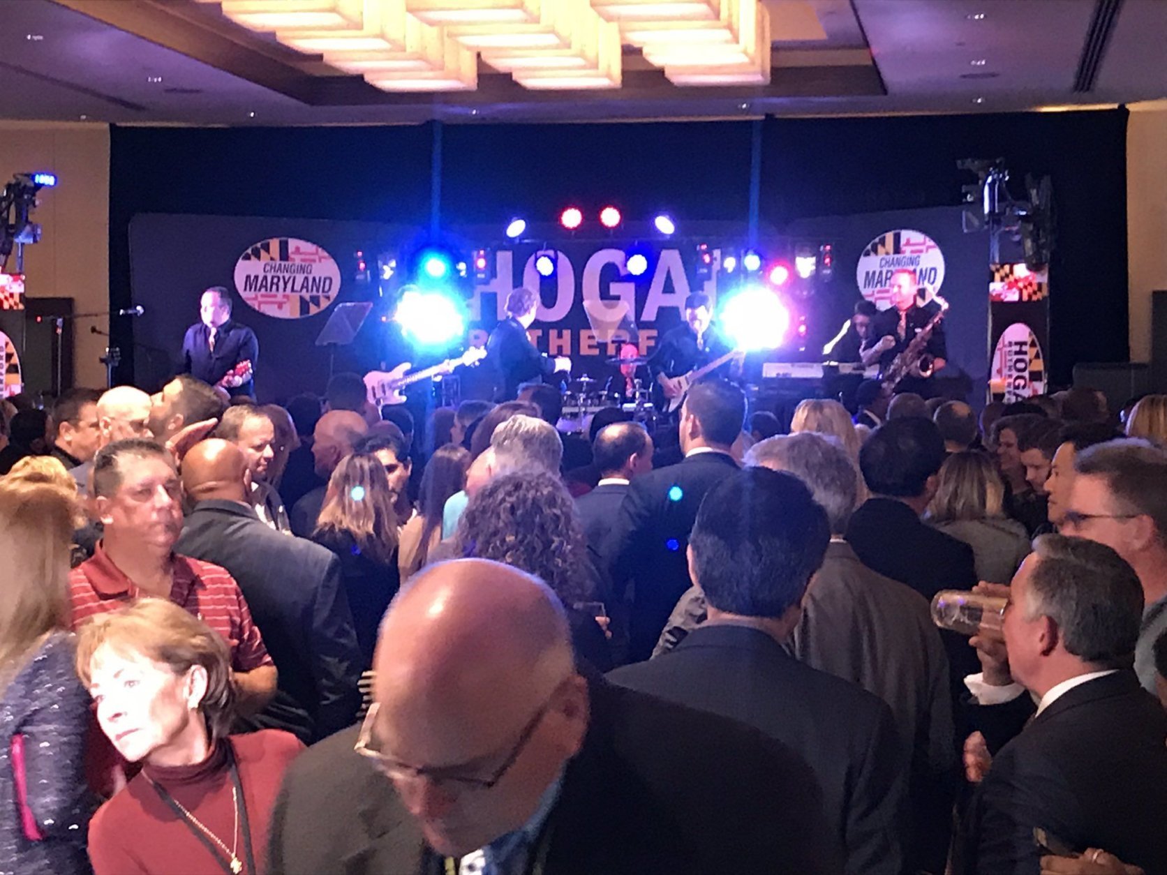 The band was playing again at Hogan’s re-election party Tuesday night “until things are official.” (WTOP/Michelle Basch)