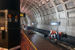 Trains single tracked between Foggy Bottom and Clarendon in Virginia so workers could install new track bed lighting. (WTOP/Megan Cloherty)