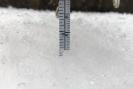 WTOP's Mike Murillo has some unofficial snow totals from Gaithersburg, Maryland, Thursday. (WTOP/Mike Murillo)