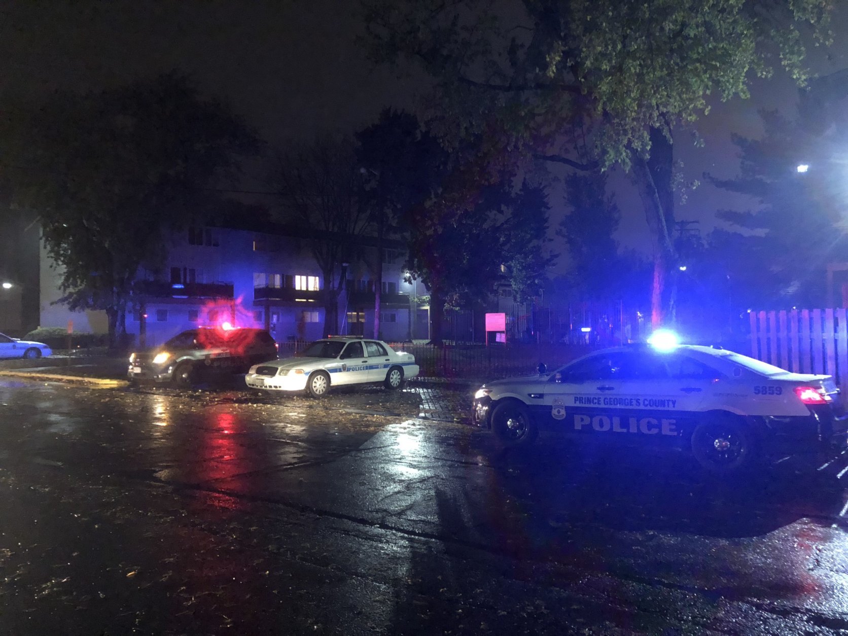 Prince George's County police were still at the scene Monday night, hours after the shooting near an apartment complex. (WTOP/Mike Murillo)