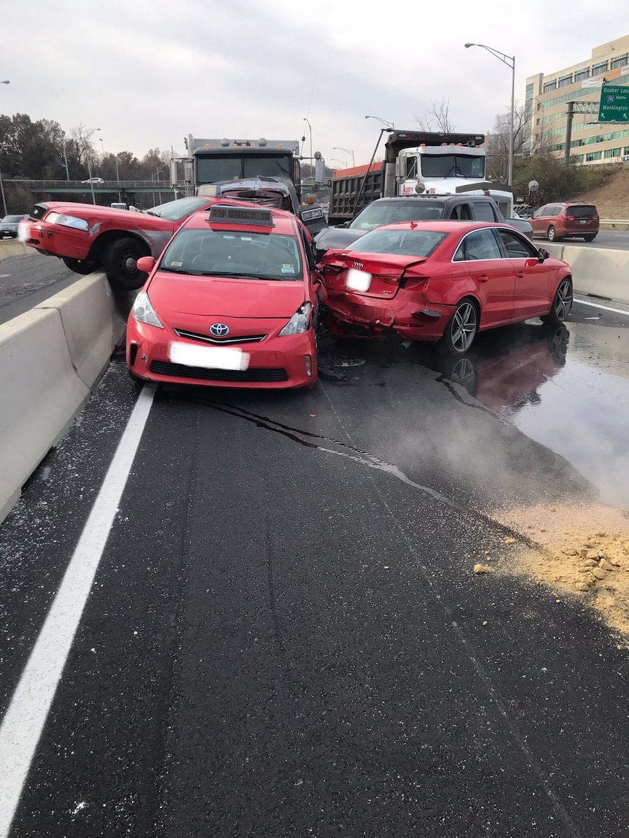 Crews in Arlington County responded to a crash in the HOV lanes of Interstate 395 in Shirlington, Virginia, Monday morning that involved several cars, including two taxis. (Courtesy Arlington County Fire Department)
