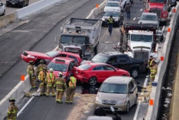 Crews in Arlington County are handling a crash that involves two taxis and a dump truck and several other vehicles in the High Occupancy Vehicle lanes of Interstate 395 in Shirlington, Virginia. (Courtesy Thomas Philibin/Live Wire Media Relations)