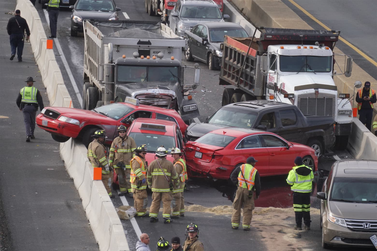 The crash involved a total of 10 vehicles, authorities said, including two taxis and a dump truck. (Courtesy Thomas Philibin/Live Wire Media Relations)