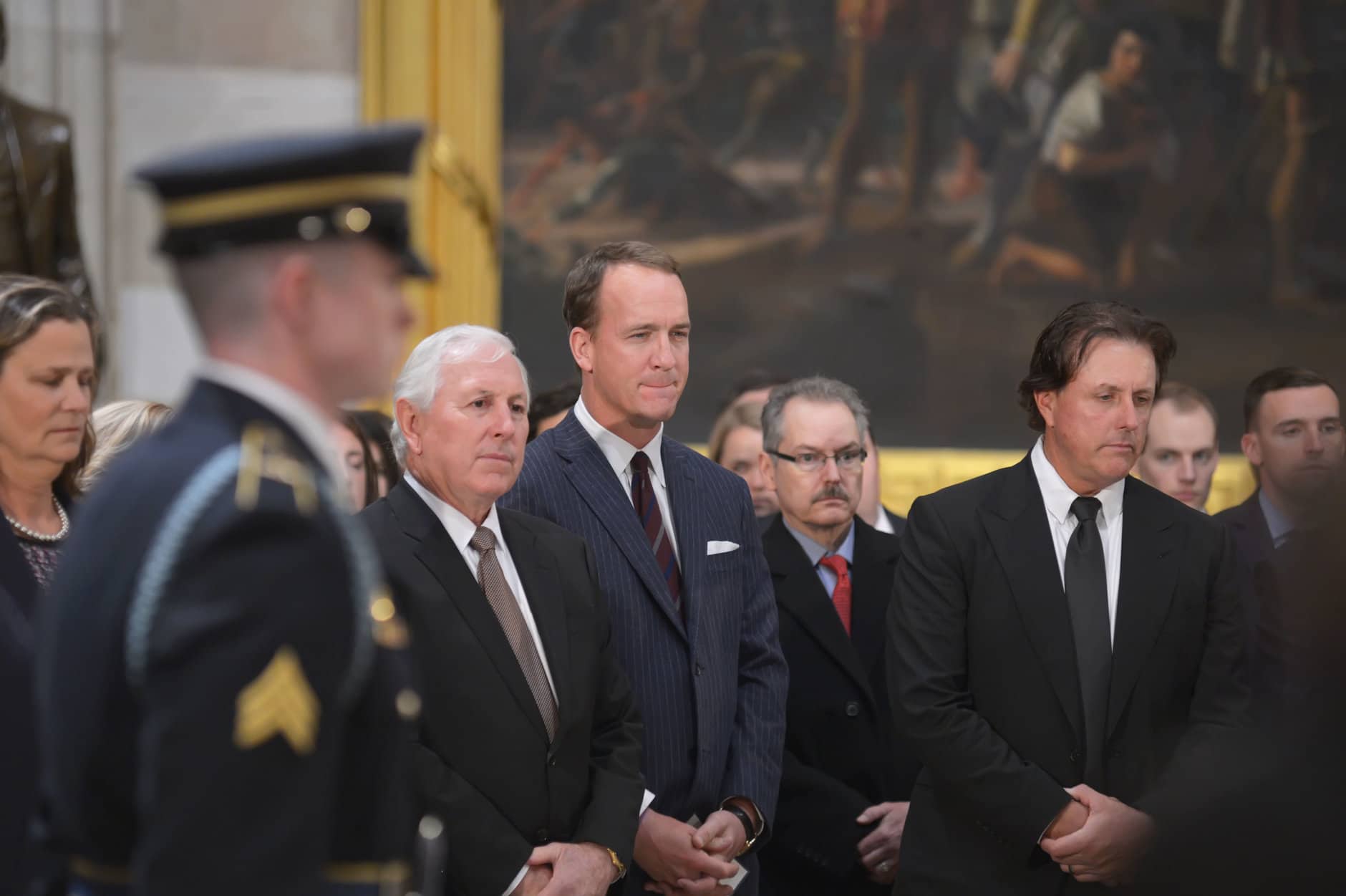 Golfer Hale Irwin, retired quarterback Peyton Manning and golfer Phil Mickelson attend the lying-in-state for the late President George H.W. Bush on December 4, 2018. (Courtesy Shannon Finney/<a href="https://www.shannonfinneyphotography.com/index" target="_blank" rel="noopener noreferrer">shannonfinneyphotography.com</a>)