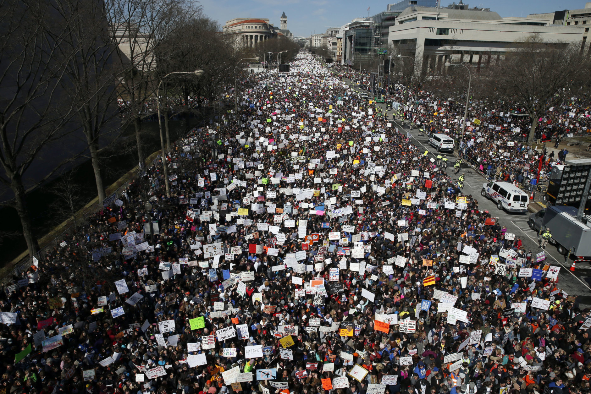 Looking west toward the White House, people fill Pennsylvania Avenue in Washington during the "March for Our Lives" rally in support of gun control on March 24, 2018. The rally was organized following the mass shooting that killed 17 people at Marjory Stoneman Douglas High School in Parkland, Fla., on Feb. 14. (AP Photo/Alex Brandon)