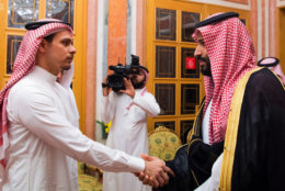 In this photo released by the Saudi Press Agency, Saudi Crown Prince Mohammed bin Salman, right, shakes hands with Salah Khashoggi, a son of Jamal Khashoggi, in Riyadh, Saudi Arabia, on Oct. 23, 2018. The meeting came just days after Saudi Arabia acknowledged that Jamal Khashoggi was killed at the Saudi consulate in Istanbul, Turkey, in what they claimed was a "fistfight." (Saudi Press Agency via AP)