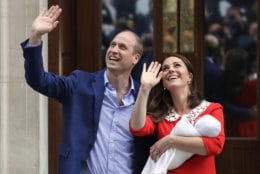 Britain's Prince William and Kate, Duchess of Cambridge, wave as she holds their newborn son outside St. Mary's Hospital in London on April 23, 2018. The baby boy is the third child for Kate and Prince William and fifth in line to the British throne. (AP Photo/Kirsty Wigglesworth)