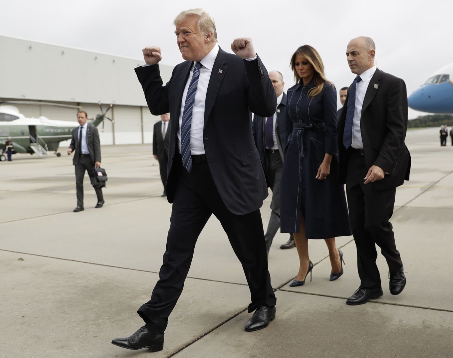 President Donald Trump and first lady Melania Trump arrive at Johnstown, Pa., on Sept. 11, 2018, before Trump's speech during the September 11 Flight 93 Memorial Service in Shanksville, Pa. (AP Photo/Evan Vucci)