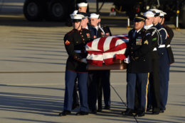The flag-draped casket of former President George H.W. Bush is carried by a joint services military honor guard to a hearse at Andrews Air Force Base in Md., Monday, Dec. 3, 2018. (AP Photo/Susan Walsh)