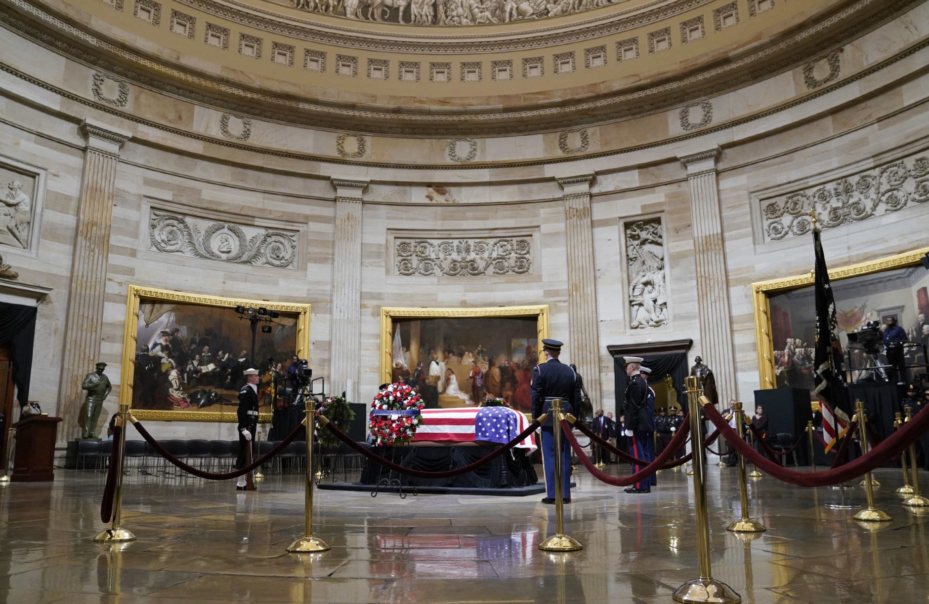 The flag-draped casket of former President George H.W. Bush lying in state at the U.S. Capitol Rotunda, Monday, Dec. 3, 2018, in Washington. (AP Photo/Pablo Martinez Monsivais)