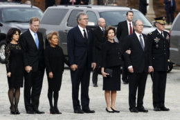 From left, Maria and her husband Neil Bush, Columba Bush, former Florida Gov. Jeb Bush, former first lady Laura Bush and former President George W. Bush arrive for a State Funeral for former President George H.W. Bush at the National Cathedral, Wednesday, Dec. 5, 2018, in Washington. (AP Photo/Patrick Semansky)