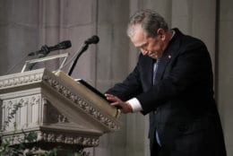 Former President George W. Bush speaks at the State Funeral for his father, former President George H.W. Bush, at the National Cathedral, Wednesday, Dec. 5, 2018, in Washington.(AP Photo/Alex Brandon, Pool)