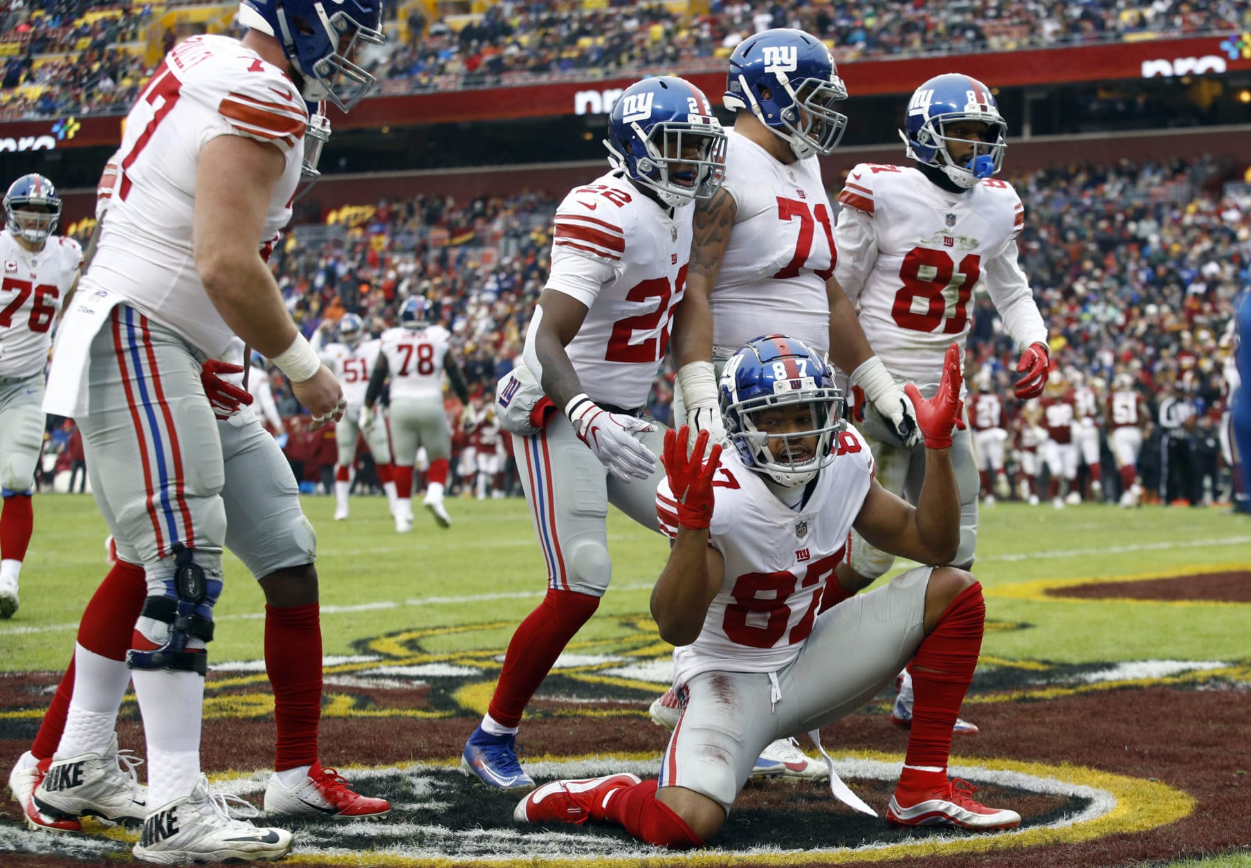 New York Giants wide receiver Sterling Shepard (87) celebrates his touchdown with teammates during the first half of an NFL football game against the Washington Redskins, Sunday, Dec. 9, 2018, in Landover, Md. (AP Photo/Patrick Semansky)