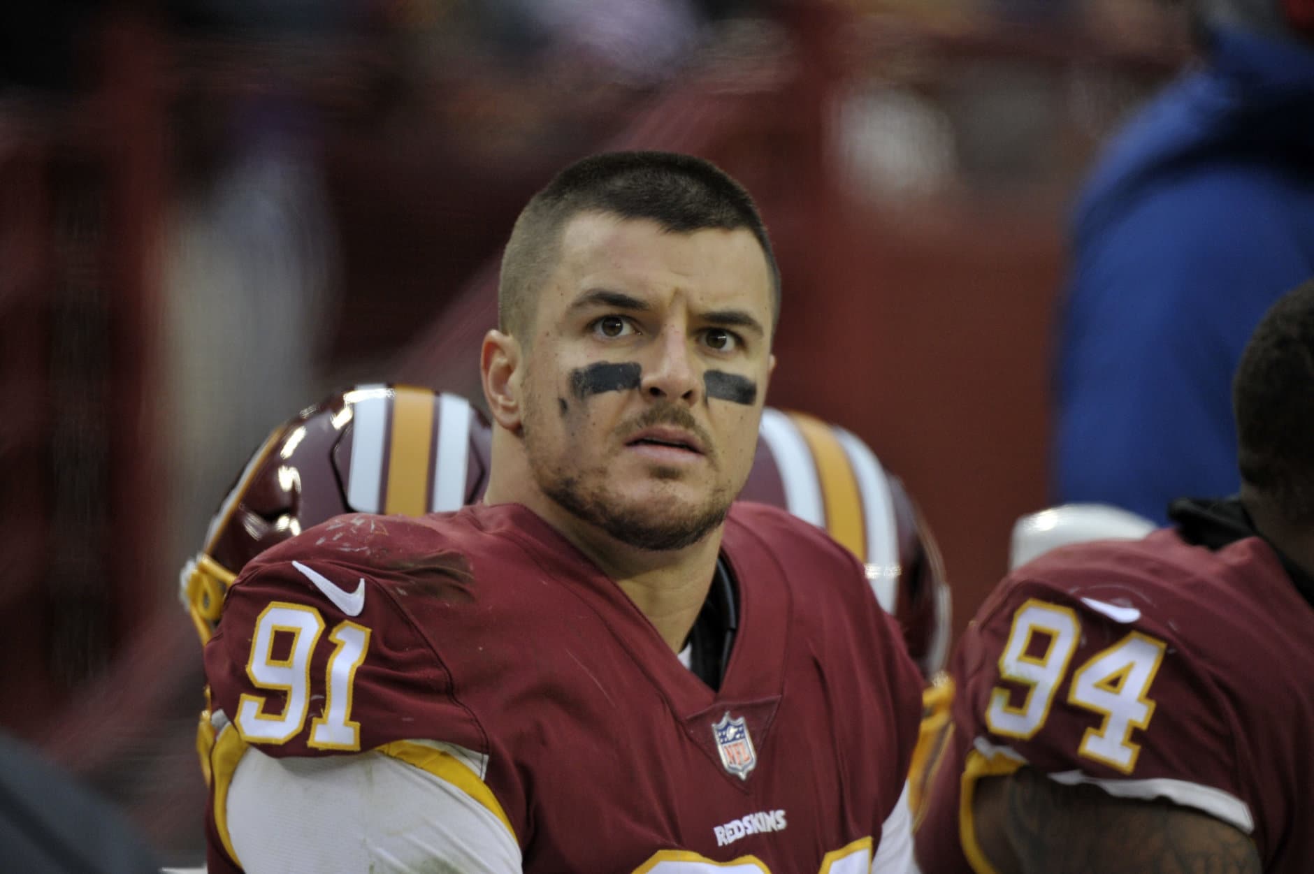 Washington Redskins outside linebacker Ryan Kerrigan (91) sits on the bench during an NFL football game against the New York Giants, Sunday, Dec. 9, 2018, in Landover, Md. (AP Photo/Mark Tenally)