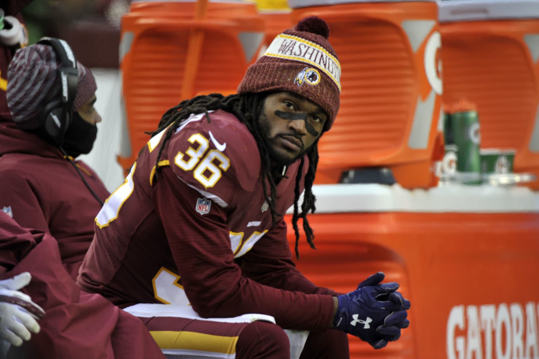 Washington Redskins free safety D.J. Swearinger sits on the bench in the fourth quarter of an NFL football game against the New York Giants, Sunday, Dec. 9, 2018, in Landover, Md. (AP Photo/Mark Tenally)
