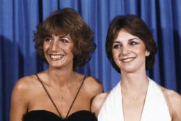 FILE - In this Sept. 9, 1979 file photo, Penny Marshal, left,l and Cindy Williams from the comedy series "Laverne &amp; Shirley" appear at the Emmy Awards in Los Angeles. Marshall died of complications from diabetes on Monday, Dec. 17, 2018, at her Hollywood Hills home. She was 75. (AP Photo/George Brich, FIle)