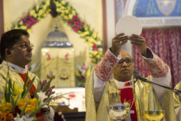Indian priests conduct the midnight Christmas Mass at St. Joseph's Cathedral in Allahabad, India, Tuesday, Dec. 25, 2018. Though the Hindus and Muslims comprise majority of the population in India, Christmas is a national holiday celebrated with much fanfare. (AP Photo/Rajesh Kumar Singh)