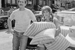 Actor Rob Reiner and his wife, Penny Marshall, were waiting to begin a scene for the film &quot;Love Me and I'll Be Your Best Friend,&quot; filming on New York's 84th St. Tuesday June 20, 1978. The scene calls for Penny to take a tumble while trying to carry the suit case and pillows up the steps of an apartment building. (AP Photo/Dan Grossi)