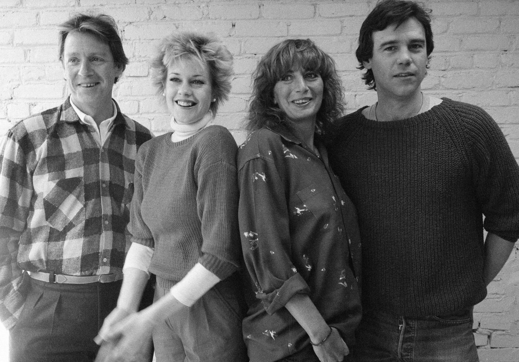 First rehearsal for the new play "Eden Court", written by Murphy Guyer featuring, from left Gus Boyd, Melanie Griffith, Penny Marshall and Ben Masters at the Minetta Lane Theater in New York, March 19, 1985. The play will preview at Manhattan Theater Club on April 9. (AP Photo/Suzanne Vlamis)