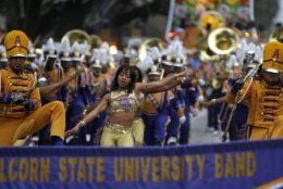 Members of the Alcorn State University Band march in the Krewe of Proteus Mardi Gras parade in New Orleans, Monday, Feb. 16, 2015. The day is known as Lundi Gras, the day before Mardi Gras. (AP Photo/Gerald Herbert)