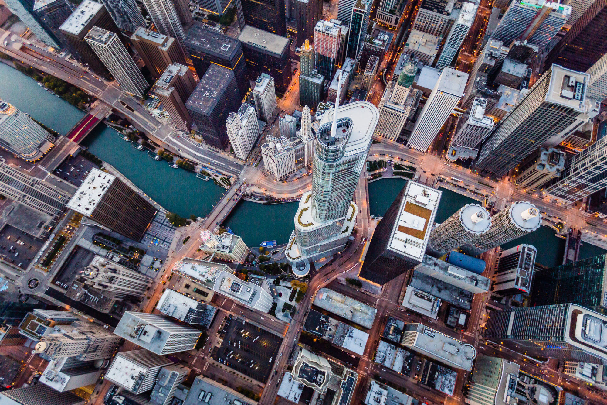 Aerial photograph of the Trump Tower in downtown Chicago.