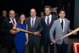 Nationals pitcher Sean Doolittle and Hall of Fame catcher Johnny Bench pose with Cole Leffler and Alyssa Gerhart, winners of the Military Children Award, and Bob Feller Act of Valor Award Foundation President Peter Fertig. (Courtesy: Jeff Malet Photography)