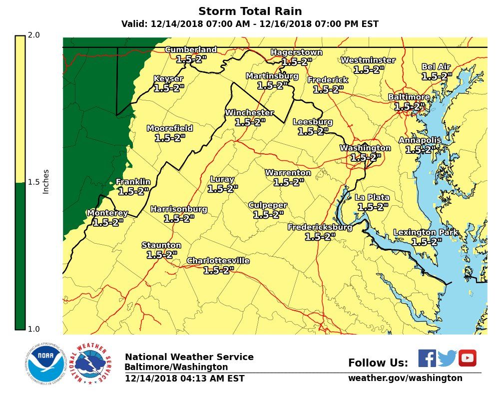 The National Weather Service says there may be up to 2 inches of rain in the southern parts of the D.C. area. (Courtesy NWS) 