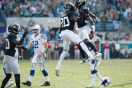 JACKSONVILLE, FL - DECEMBER 02:  Jalen Ramsey #20 and Ronnie Harrison #36 of the Jacksonville Jaguars celebrate a play during their game against the Indianapolis Colts at TIAA Bank Field on December 2, 2018 in Jacksonville, Florida.  (Photo by Joe Robbins/Getty Images)