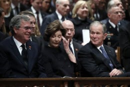 Former Florida Gov. Jeb Bush, Laura Bush and former President George W. Bush listen during a state funeral for former President George H.W. Bush at the Washington National Cathedral on December 5, 2018 in Washington, DC. President Bush will be buried at his final resting place at the George H.W. Bush Presidential Library at Texas A&amp;M University in College Station, Texas. A WWII combat veteran, Bush served as a member of Congress from Texas, ambassador to the United Nations, director of the CIA, vice president and 41st president of the United States. (Photo by Alex Brandon - Pool/Getty Images)
