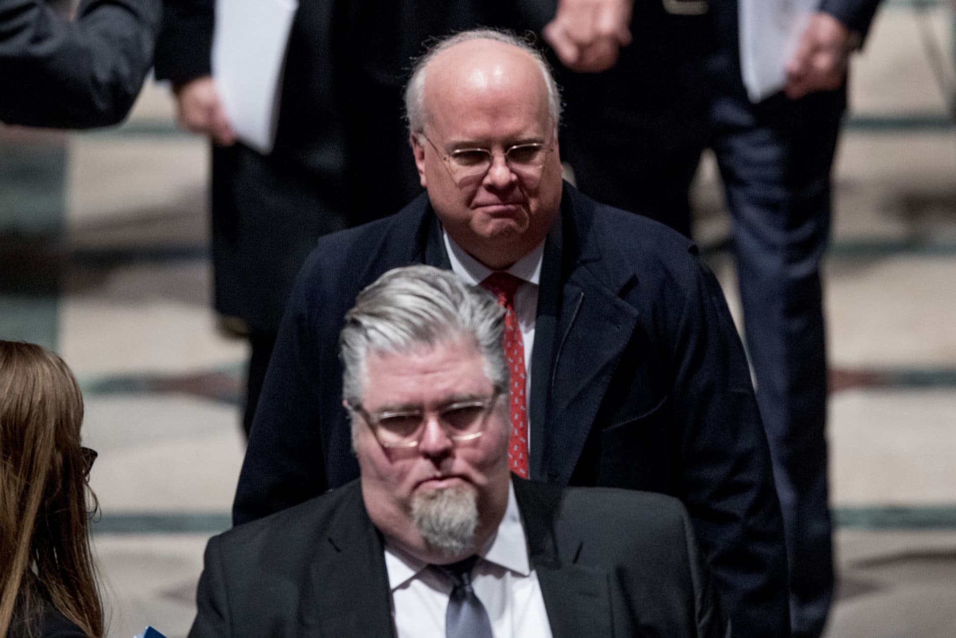 Republican strategist and former White House senior adviser Karl Rove, above, departs following the State Funeral for former President George H.W. Bush at the National Cathedral, December 5, 2018 in Washington, DC. (Photo by Andrew Harnik-Pool/Getty Images)