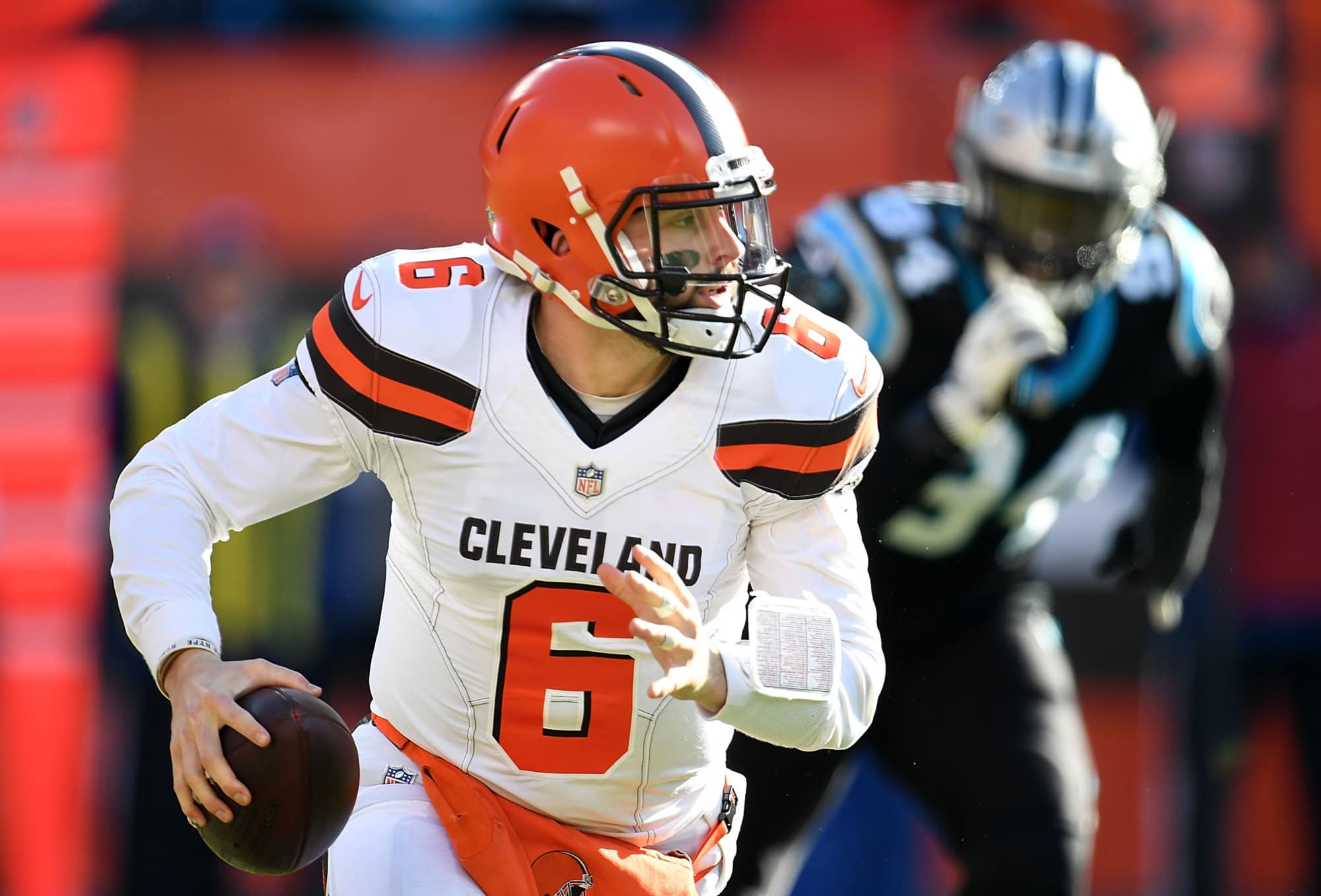 CLEVELAND, OH - DECEMBER 09:  Baker Mayfield #6 of the Cleveland Browns looks to pass during the first quarter against the Carolina Panthers at FirstEnergy Stadium on December 9, 2018 in Cleveland, Ohio. (Photo by Jason Miller/Getty Images)