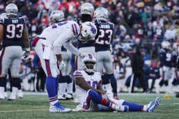 FOXBOROUGH, MA - DECEMBER 23:  Deonte Thompson #10 of the Buffalo Bills reacts after suffering an injury during the second half against the New England Patriots at Gillette Stadium on December 23, 2018 in Foxborough, Massachusetts.  (Photo by Jim Rogash/Getty Images)