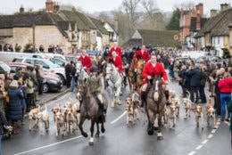 LACOCK, WILTSHIRE - DECEMBER 26: Riders that have gathered for the Avon Vale Hunt's traditional Boxing Day ride out from Lacock near Chippenham on December 26, 2018 in Wiltshire, England. Boxing Day is traditionally the biggest day in the hunt calendar, and despite the hunting ban that came into force in 2004, today is expected to see thousands of supporters drawn to meets across the country. (Photo by Matt Cardy/Getty Images)