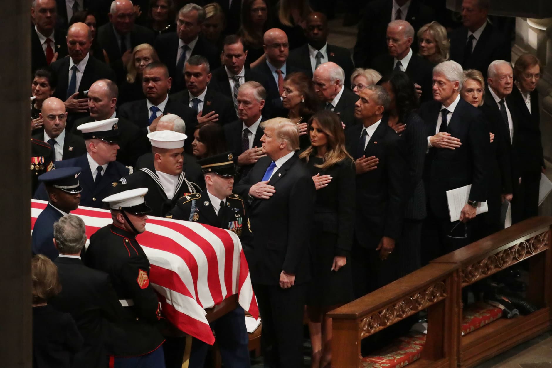 President Donald Trump, first lady Melania Trump and former presidents, vice presidents, first ladies and spouses attend the state funeral for former President George H.W. Bush at the National Cathedral December 05, 2018 in Washington, DC. A WWII combat veteran, Bush served as a member of Congress from Texas, ambassador to the United Nations, director of the CIA, vice president and 41st president of the United States.  (Photo by Chip Somodevilla/Getty Images)