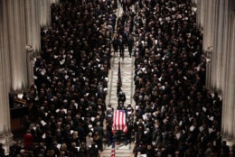 Members former President George H.W. Bush's family, including former President George W. Bush and former Florida Governor Jeb Bush, follow his casket out of the National Cathedral at the conclusion of his state funeral December 05, 2018 in Washington, DC. A WWII combat veteran, Bush served as a member of Congress from Texas, ambassador to the United Nations, director of the CIA, vice president and 41st president of the United States.  (Photo by Chip Somodevilla/Getty Images)