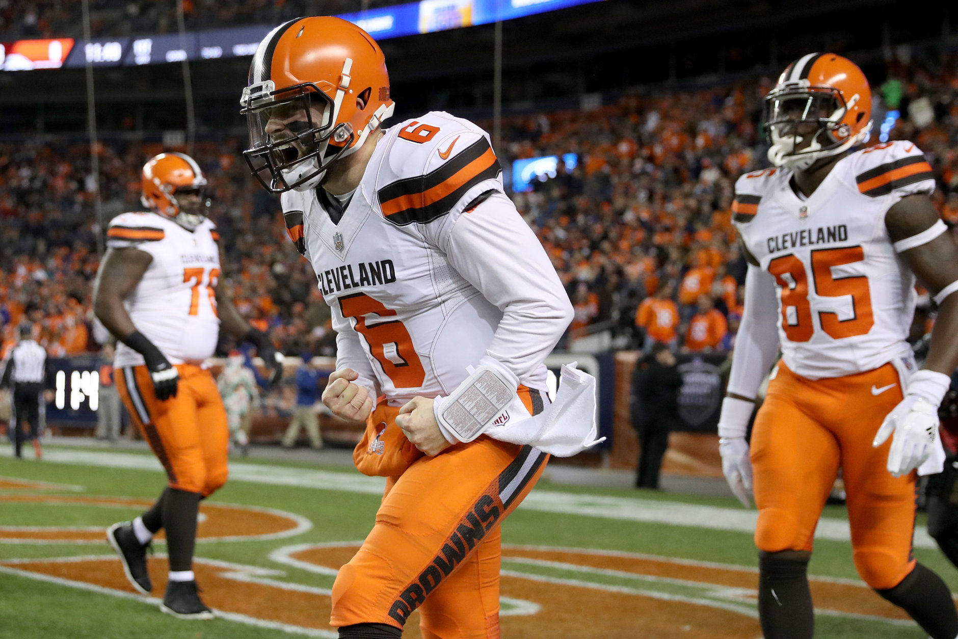 DENVER, COLORADO - DECEMBER 15: Quarterback Baker Mayfield #6 of the Cleveland Browns celebrates a touchdown against the Denver Broncos at Broncos Stadium at Mile High on December 15, 2018 in Denver, Colorado. (Photo by Matthew Stockman/Getty Images)