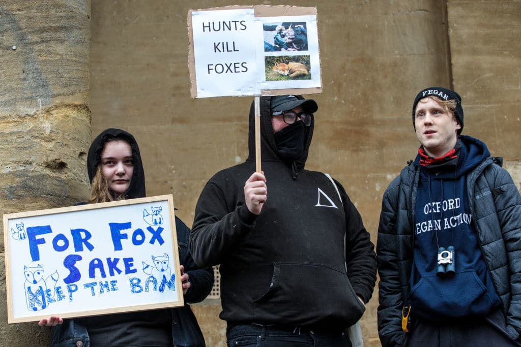 CHIPPING NORTON, OXFORDSHIRE - DECEMBER 26: Anti-hunting protesters demonstrate with placards before riders of the Heythrop Hunt gather in Chipping Norton town centre on Boxing Day on December 26, 2018 in Oxfordshire, England. Despite the 2004 ban on fox hunting some 250 groups are expected to meet today for traditional Boxing Day hunts across the country. The Labour Party has said they will toughen up the law on hunting with dogs, which could include prison sentences for those convicted. (Photo by Jack Taylor/Getty Images)