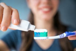 Woman, Toothbrush, Toothpaste, scrub, closeup, horizontal, background