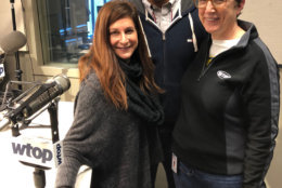 WTOP midday anchors Debra Feinstein and Mark Lewis with editor Judy Taub on Taub's last day, Dec. 21, 2018. (WTOP/Julia Ziegler)