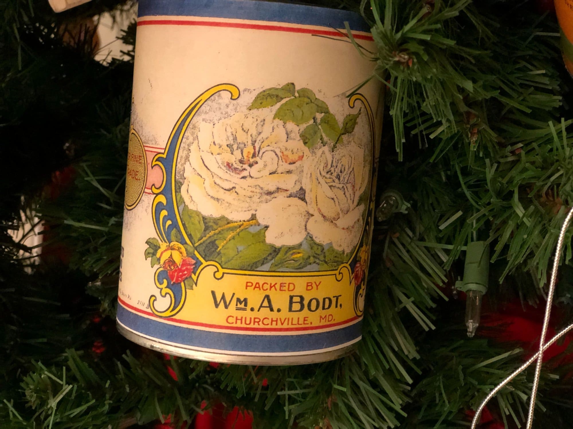 Here's a close up of the artwork on a vintage canned produce label on the Harford County, Md.-themed tree at the State House in Annapolis, Md. (WTOP/Kate Ryan)